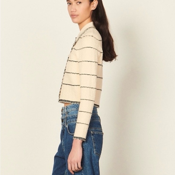 Sandro Cropped Jacket, Cream with Black Stripe and Pearl Buttons. Large. New. - Picture 4 of 15
